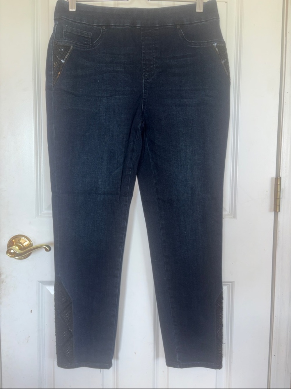 Chico's Dark Blue Ankle-Length Jeans with Embellished Pockets
